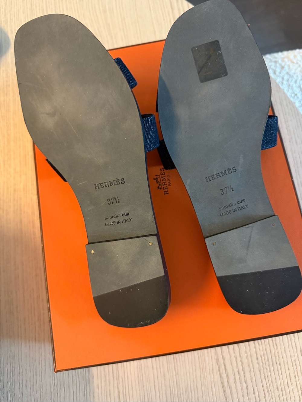 Hermes Black Slide Sandals with Dark Denim H-Strap - Picture 3 of 4